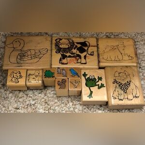 Lot of 12 Animal Design Wooden Mounted Rubber Stamps